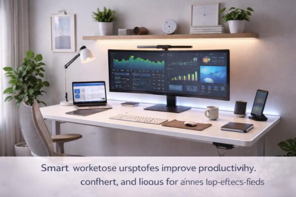 modern smart home office setup with ultrawide monitor standing desk lighting